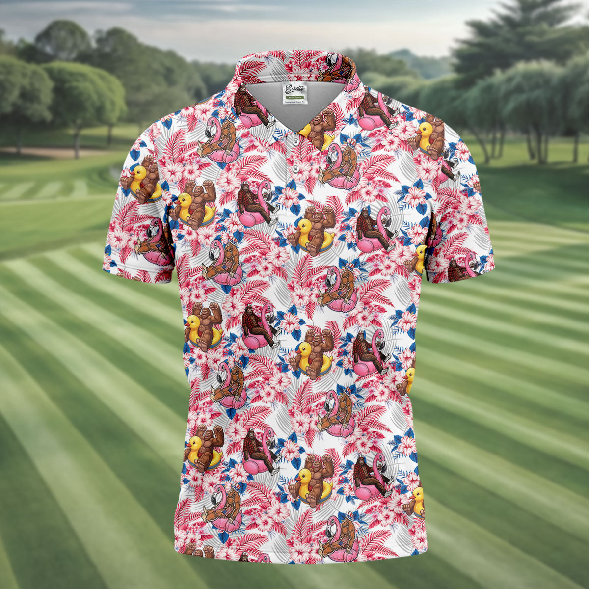 Funny Bigfoot Pool Party Hawaiian Golf Shirt, Red White Blue Tropical Flamingo Golf Shirts For Men