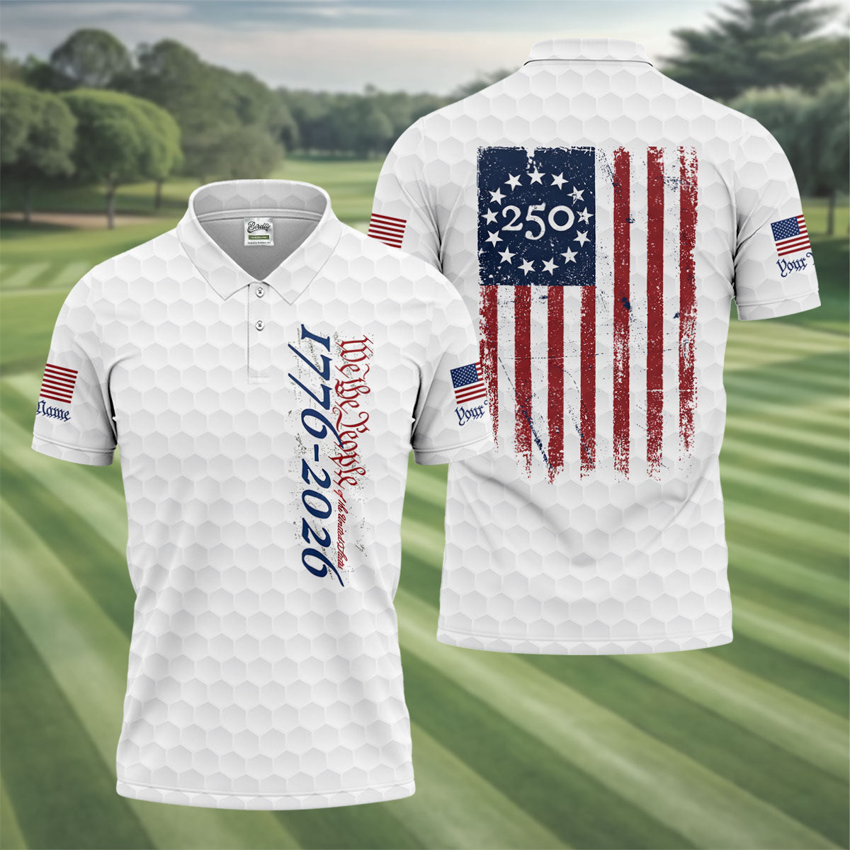 We The People Distressed American Flag White Golf Shirt, 250 Years Patriotic 4th Of July Golf Shirts For Men