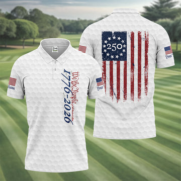 We The People Distressed American Flag White Golf Shirt, 250 Years Patriotic 4th Of July Golf Shirts For Men