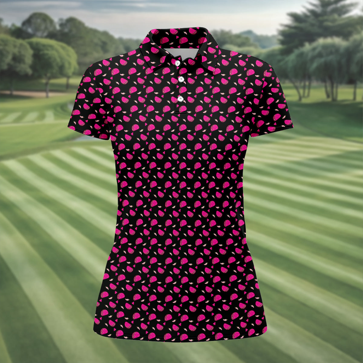 The Pink Taco Seamless Pattern Black Golf Shirt, Women's Golf Tops, Tacos Lover Golf Gift For Ladies