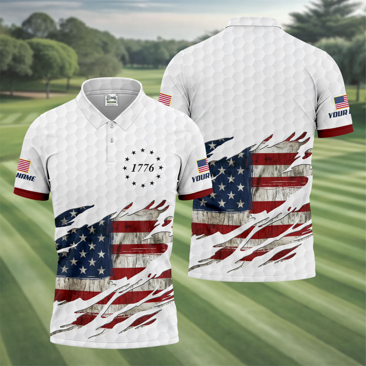American Flag 1776 Golf Ball Pattern Golf Shirts For Men, 250th Anniversary Polo Shirt Men