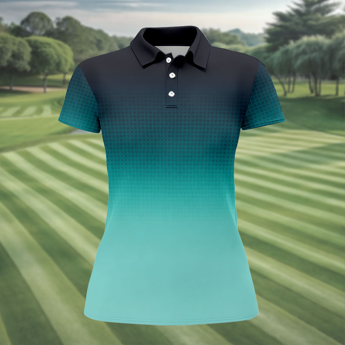 Turquoise Gradient Hawaiian Golf Shirt, Ladies Golf Tops, Golf Shirt For Women