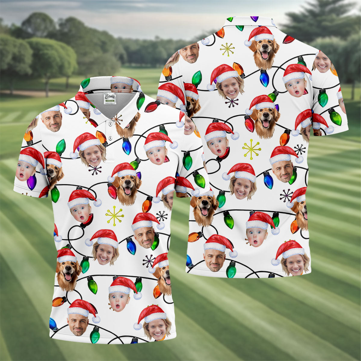 Custom Family Portrait Christmas Lights Pattern Men's Golf Polo Shirtristmas Golf Shirt, Golf Gift For Men