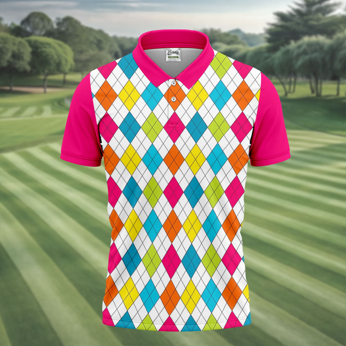 Pink Sleeve Colorful Argyle Plaid Golf Shirt, Mens Golf Polo, Printed Golf Shirts