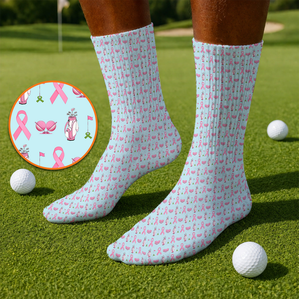 Breast Cancer Pattern Golf Socks, Pink Ribbon Golf Sock for Golf Lovers, Support Breast Cancer Awareness Gift