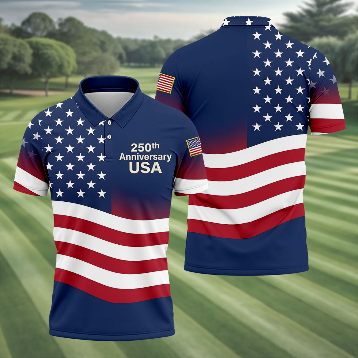 250th Anniversary USA Flag Pattern 4th Of July Golf Shirt, Patriotic Golf Shirt, Golf Shirts For Men