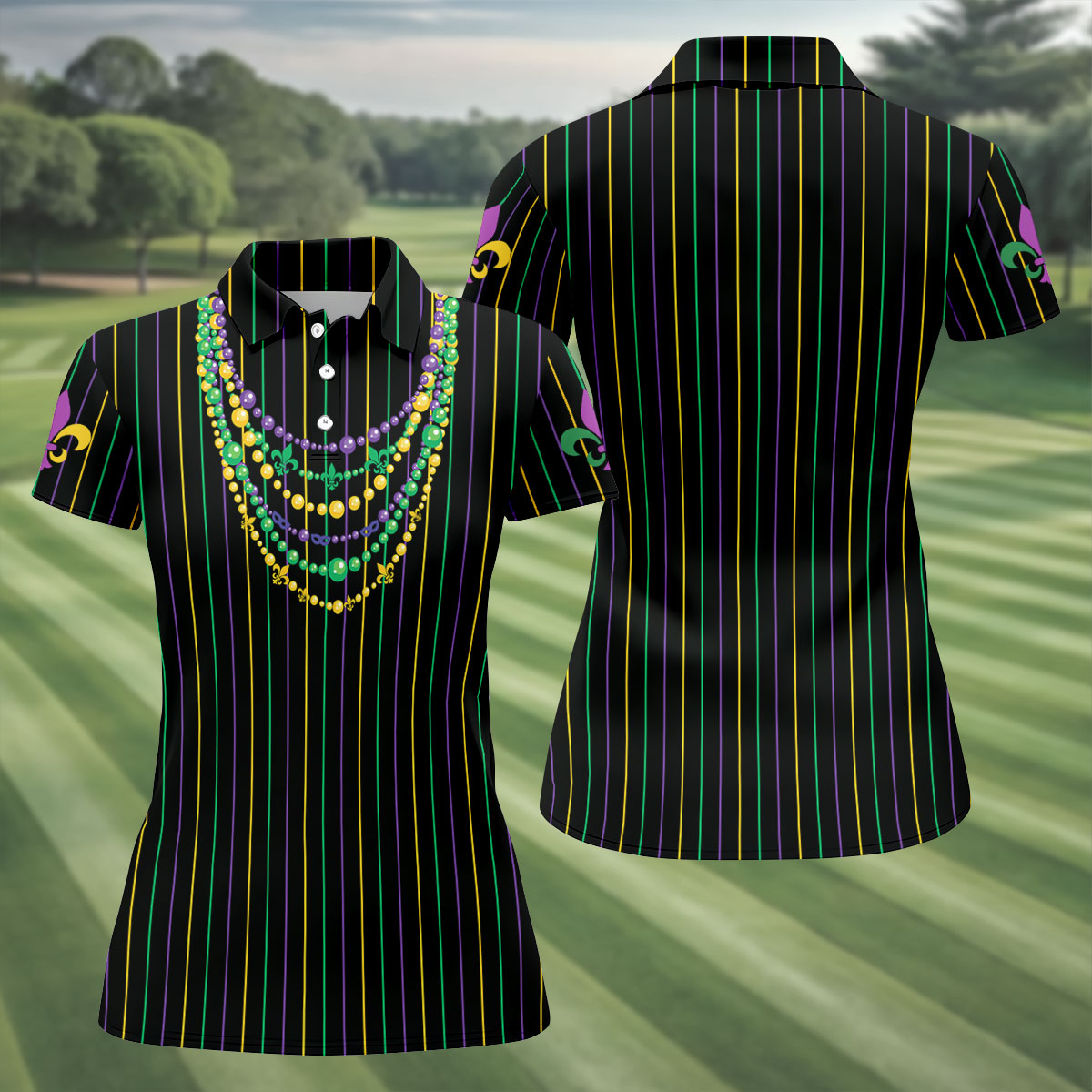 Mardi Gras Beads Necklaces Print Black Golf Shirt, Women's Golf Shirts, Ladies Golf Polos, Golf Shirt For Women
