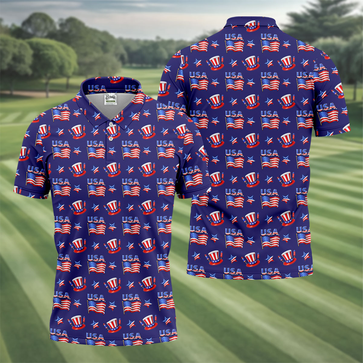Waving Flags Uncle Sam Hats Seamless Pattern 250th Anniversary Golf Shirts For Men, Patriotic Golf Shirt