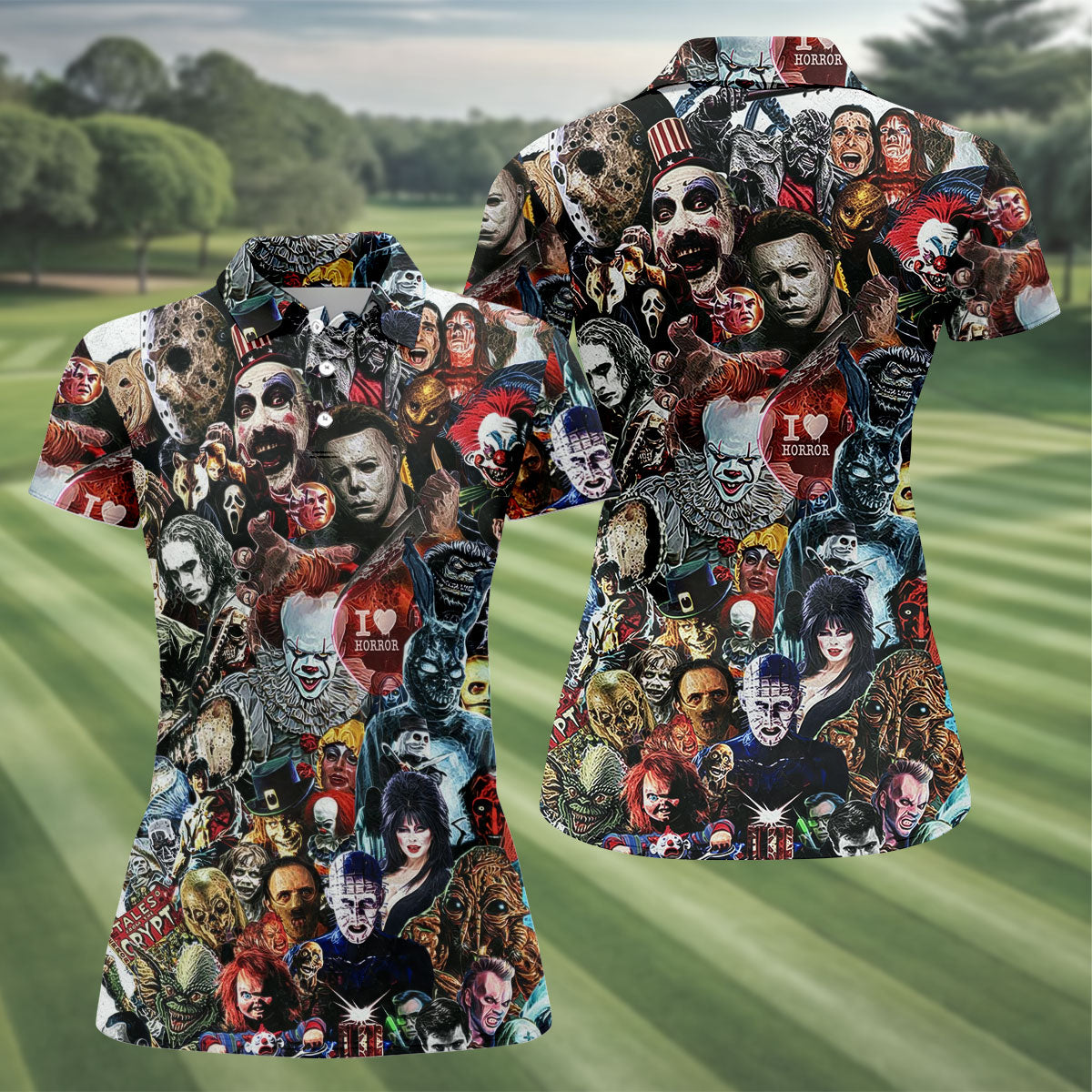 Classic Horror Icons Collage Halloween Golf Shirt, Women’s Golf Polo, Printed Golf Shirt