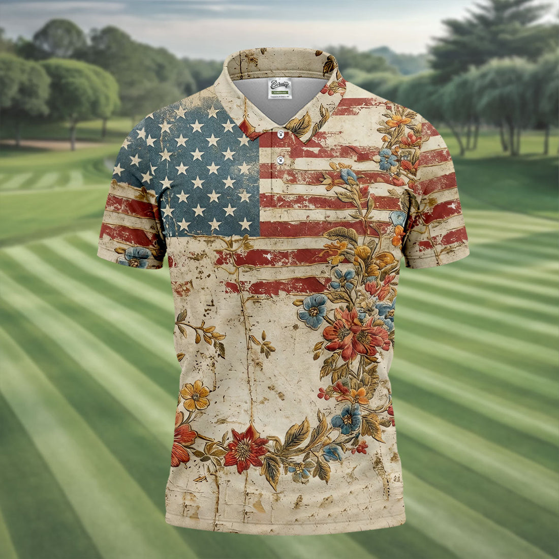 Floral American Flag Vintage Golf Shirt, 250 Years Patriotic 4th Of July Golf Shirts For Men