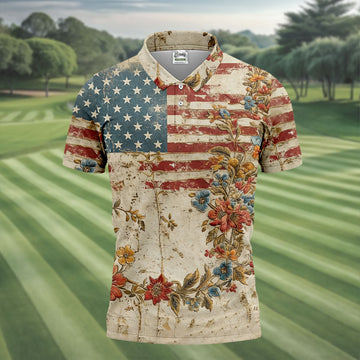 Floral American Flag Vintage Golf Shirt, 250 Years Patriotic 4th Of July Golf Shirts For Men