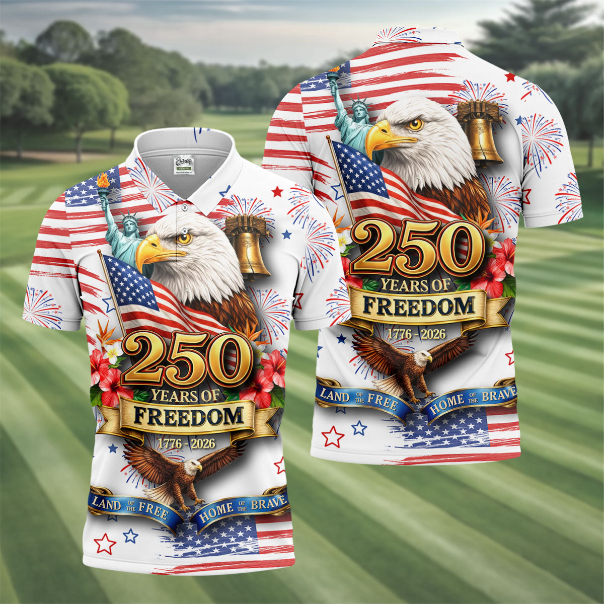 250 Years Of Freedom 1776-2026 White 4th Of July Golf Shirts For Men, 250th Anniversary Patriotic Golf Shirt
