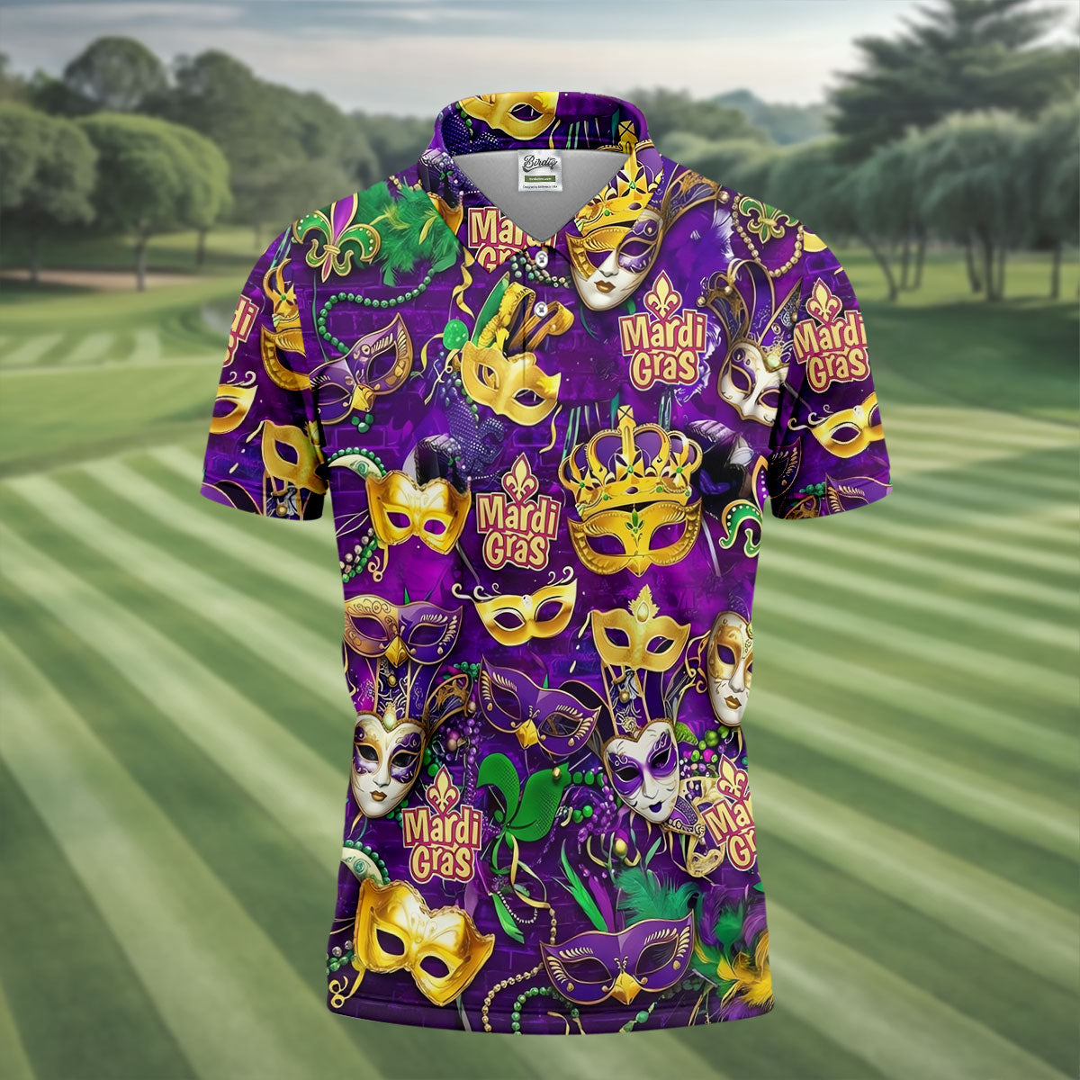 Purple Green Gold Festival Mask Mardi Gras Golf Shirt, Golf Tops For Men, Golf Shirts For Men