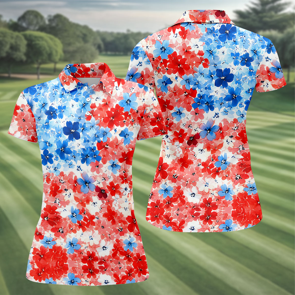 Patriotic Floral Golf Shirt, Red White Blue Blossom Pattern, Golf Shirt For Women