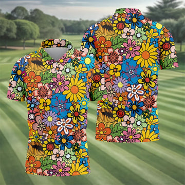 Multicolor Retro Flower Power Golf Shirt, Mens Golf Polo, Hawaiian Golf Shirt, Golf Apparel For Men