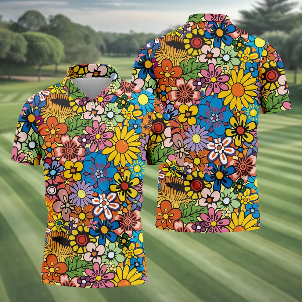 Multicolor Retro Flower Power Golf Shirt, Mens Golf Polo, Hawaiian Golf Shirt, Golf Apparel For Men