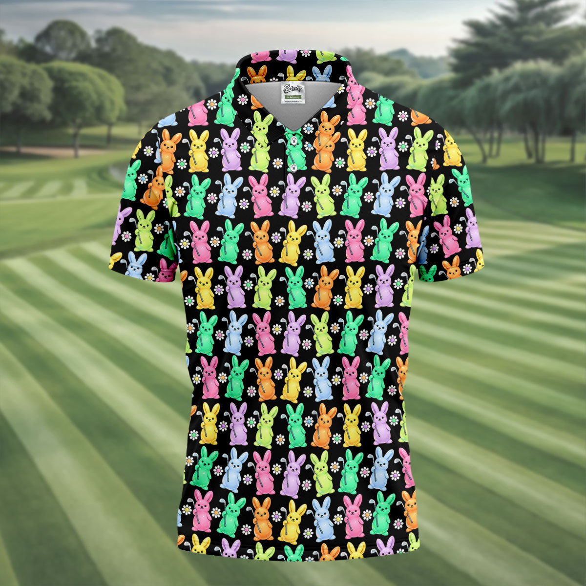 Colorful Easter Bunny Black Golf Shirt, Cute Golf Outfit, Golf Shirts For Men, Golf Gift For Men
