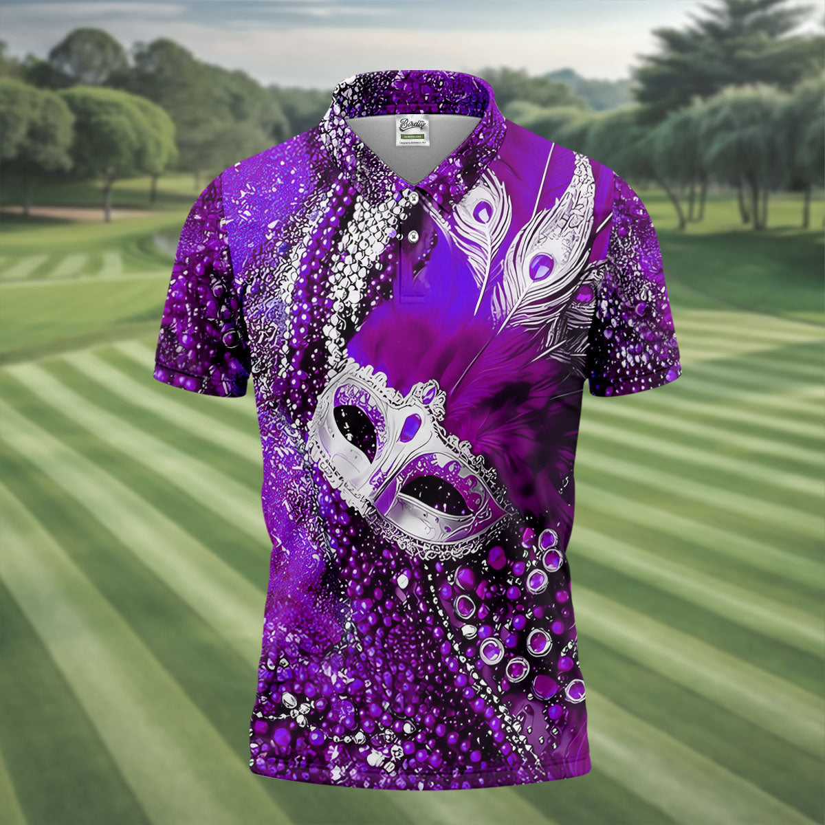 Mardi Gras Masquerade Mask Feather Beads Purple Golf Shirt, Polo ShirtFor Men, Golf Shirts For Men