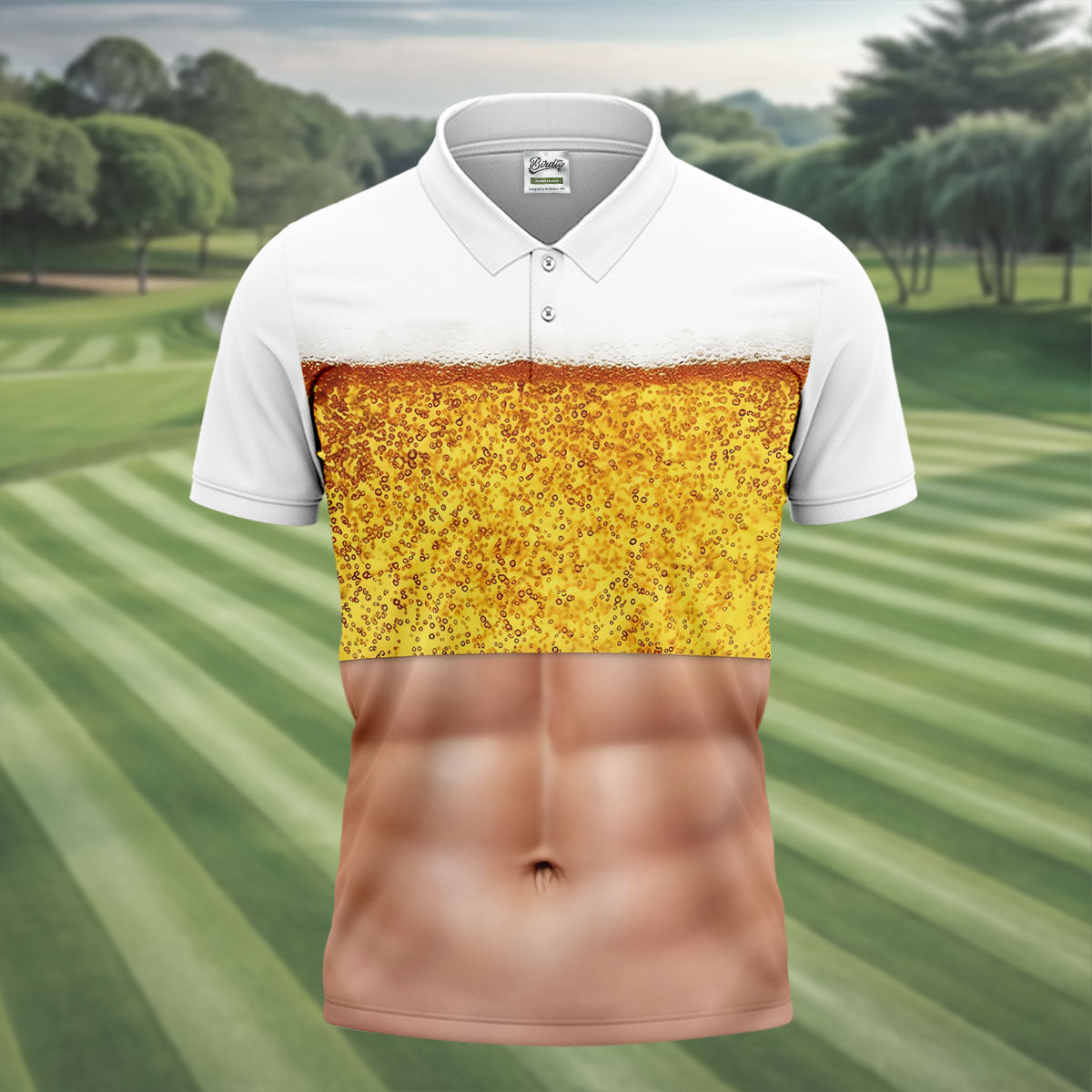 Bubbly Beer Foam Faux Abs Sleeveless Crop Golf Shirt, Printed Golf Shirts, Mens Golf Apparel