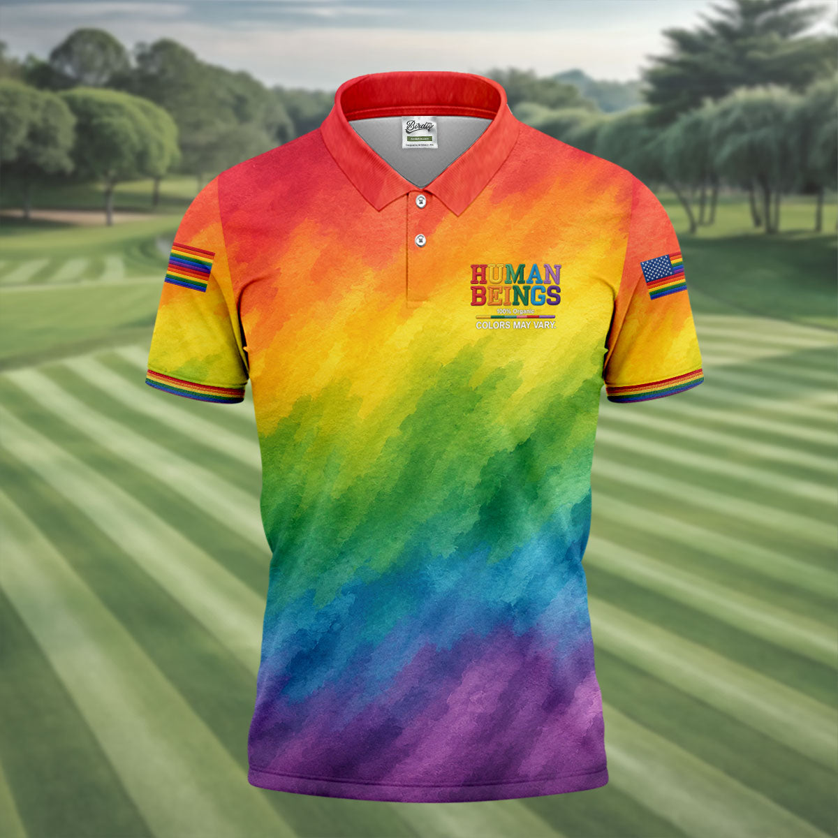 Human Beings LGBT Rainbow Golf Tops For Men, LGBT Pride Month Gradient Watercolor Polo Shirt Men