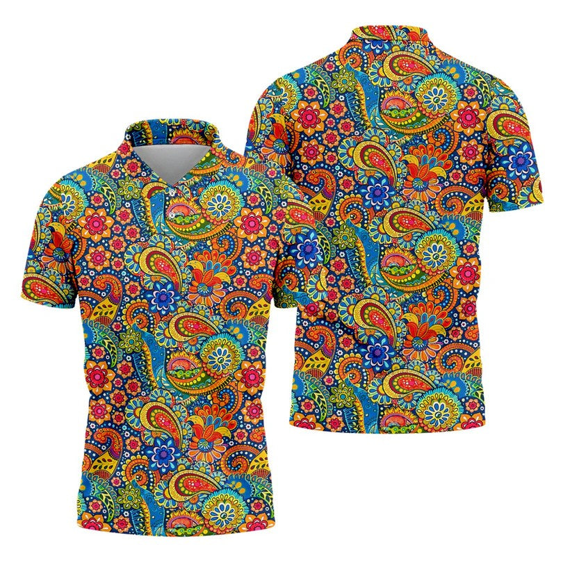 Colorful Floral Paisley Pattern Polo Shirt, Hawaiian Golf Shirt, Mens Golf Apparel