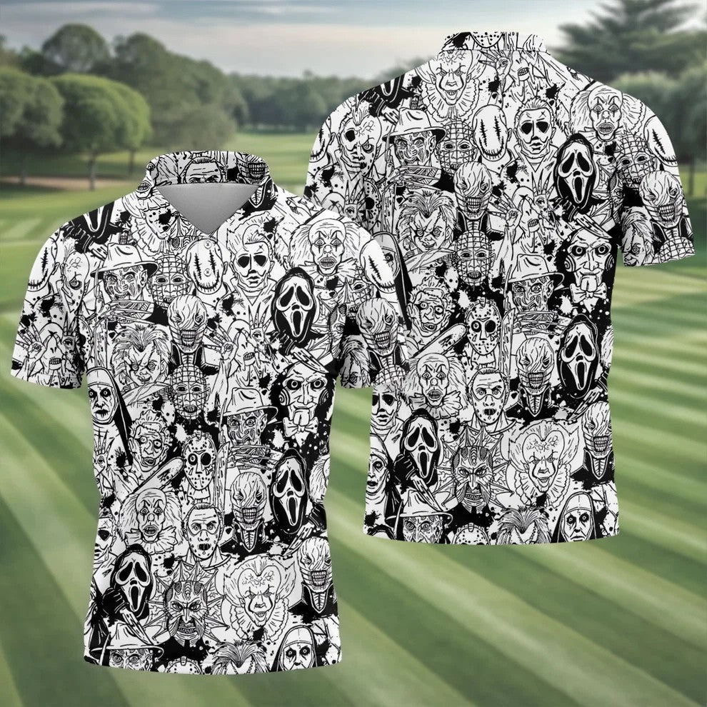 Black White Horror Character Sketch Golf Shirt, Mens Golf Polo, Halloween Golf Shirt