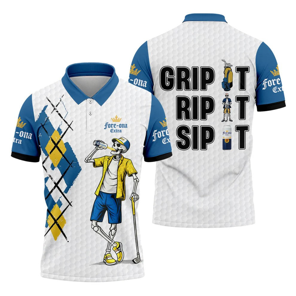 Blue Yellow Skeleton Golfer Beer Polo Shirt, Mens Golf Polo, Golf Apparel For Men