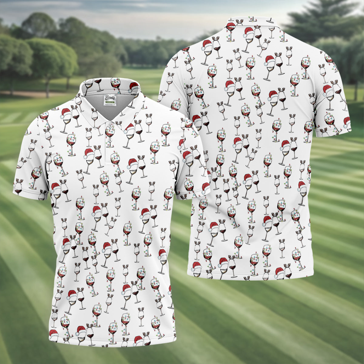 Christmas Wine Glass With Colorful Lighting White Golf Shirt, Christmas Golf Shirt, Polo ShirtFor Men