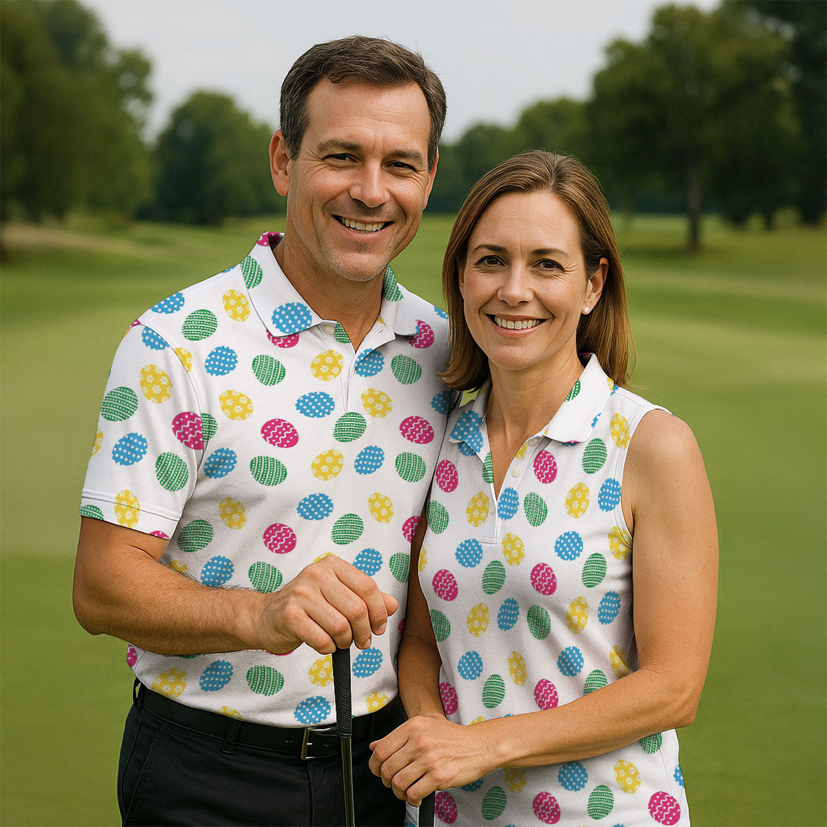 Colorful Easter Eggs White Golf Shirt, Cute Golf Outfit, Polo ShirtFor Men, Golf Shirts For Men