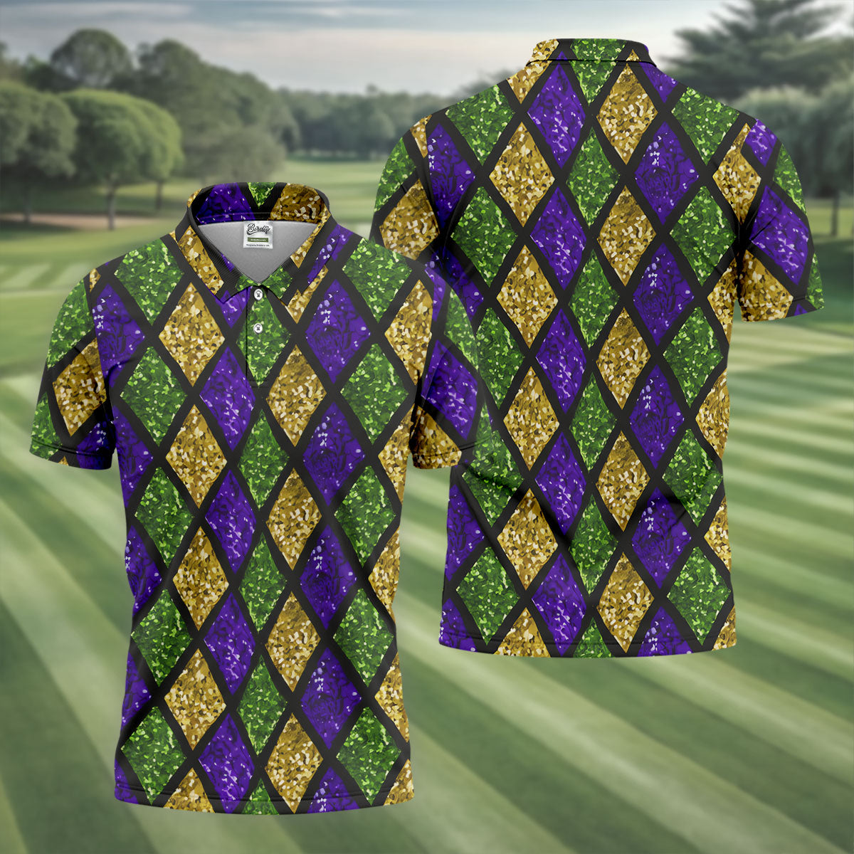 Green Purple Gold Argyle Pattern Sparkling Effect Mardi Gras Golf Shirt, Polo ShirtFor Men, Golf Shirts For Men
