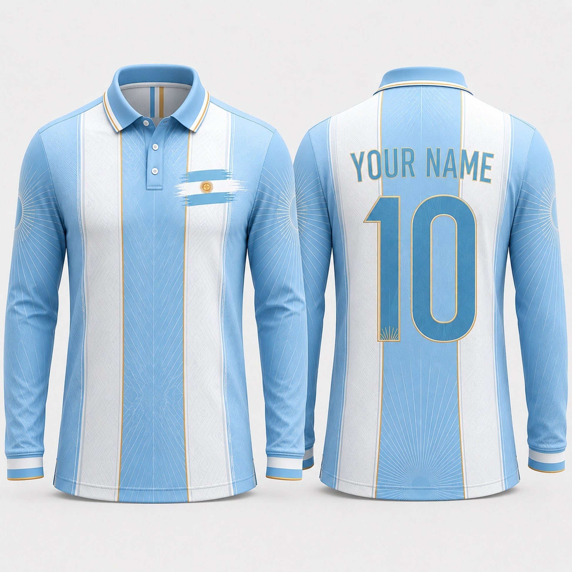 Argentinian Flag Sun Fooball Shirt, White Blue Stripes V-Neck For Men, Football Gifts