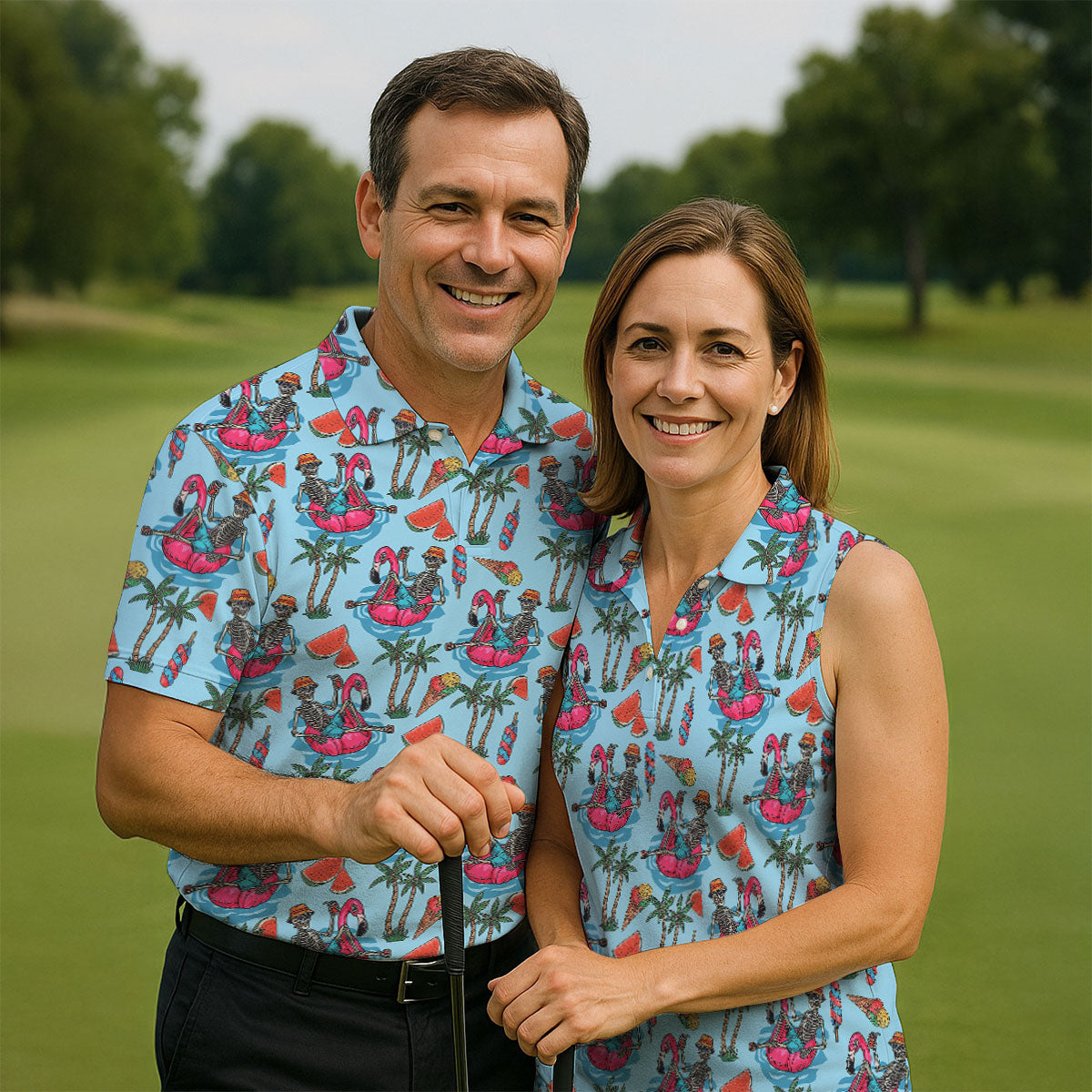 Skeleton Flamingo Summer Vibe Retro Golf Shirt, Men's Funny Golf Shirts, Polo ShirtFor Men, Golf Shirts For Men
