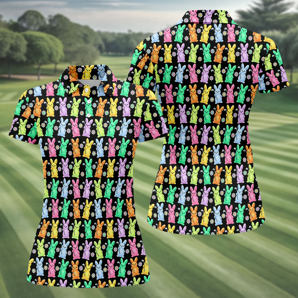 Colorful Easter Bunny Black Golf Shirt, Cute Golf Outfit, Women's Golf Tops, Ladies Golf Shirts