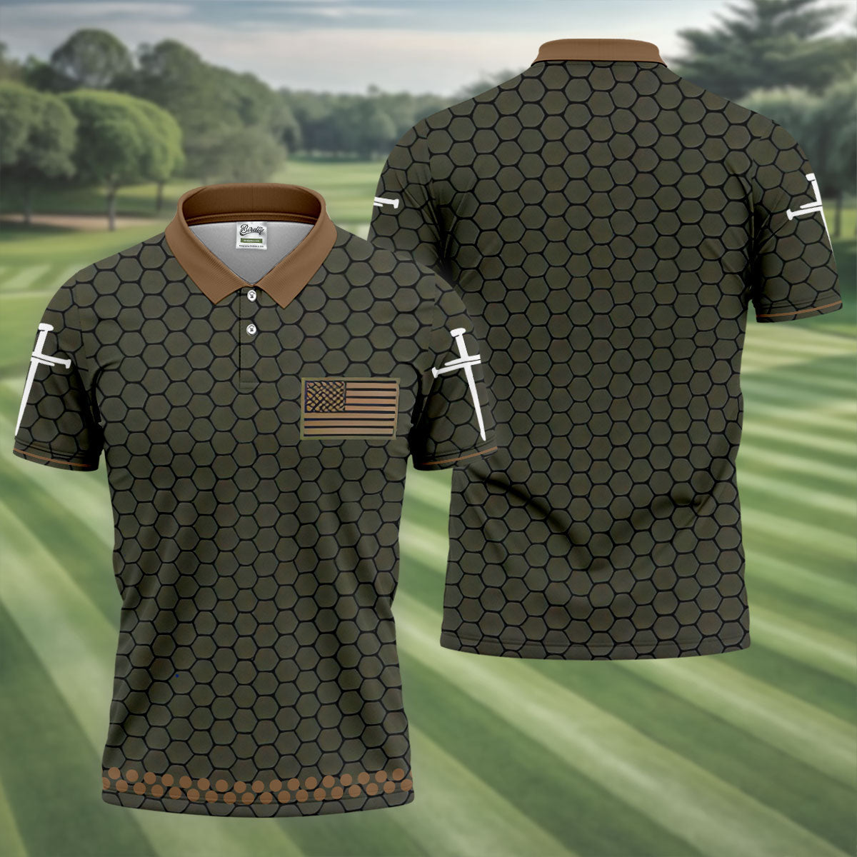 Faith Cross America 250 Anniversary Hexagonal Pattern Patriotic Golf Shirt, Golf Shirts For Men