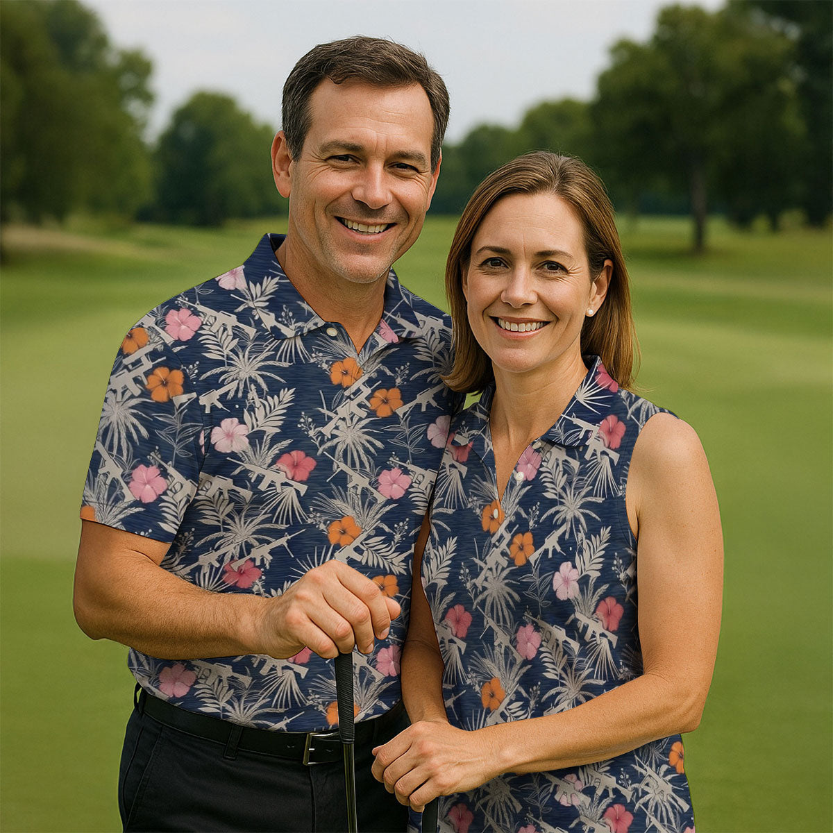 Hawaiian Hibicus Military Theme Navy Golf Shirt, Golf Shirts For Men, Polo ShirtFor Men