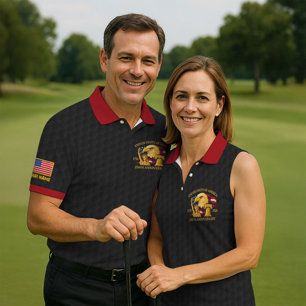 United States 250th Anniversary Patriotic Eagle Black Custom Golf Shirts, 4th Of July Golf Shirts For Men