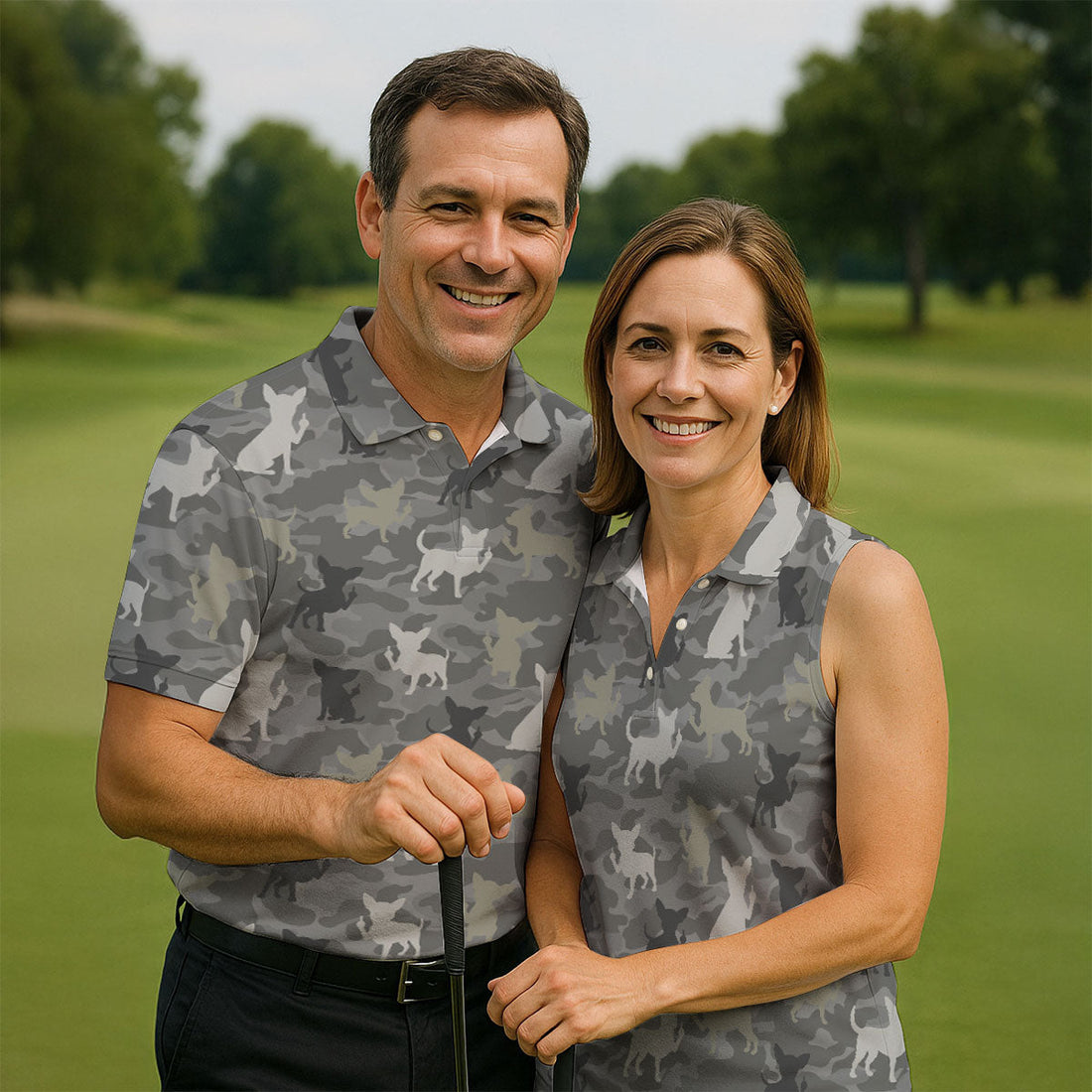 Grey Camo Chihuahua Dog Pattern Golf Shirt, Mens Polo Shirt, Golf Shirts For Men, Performance Golf Shirt