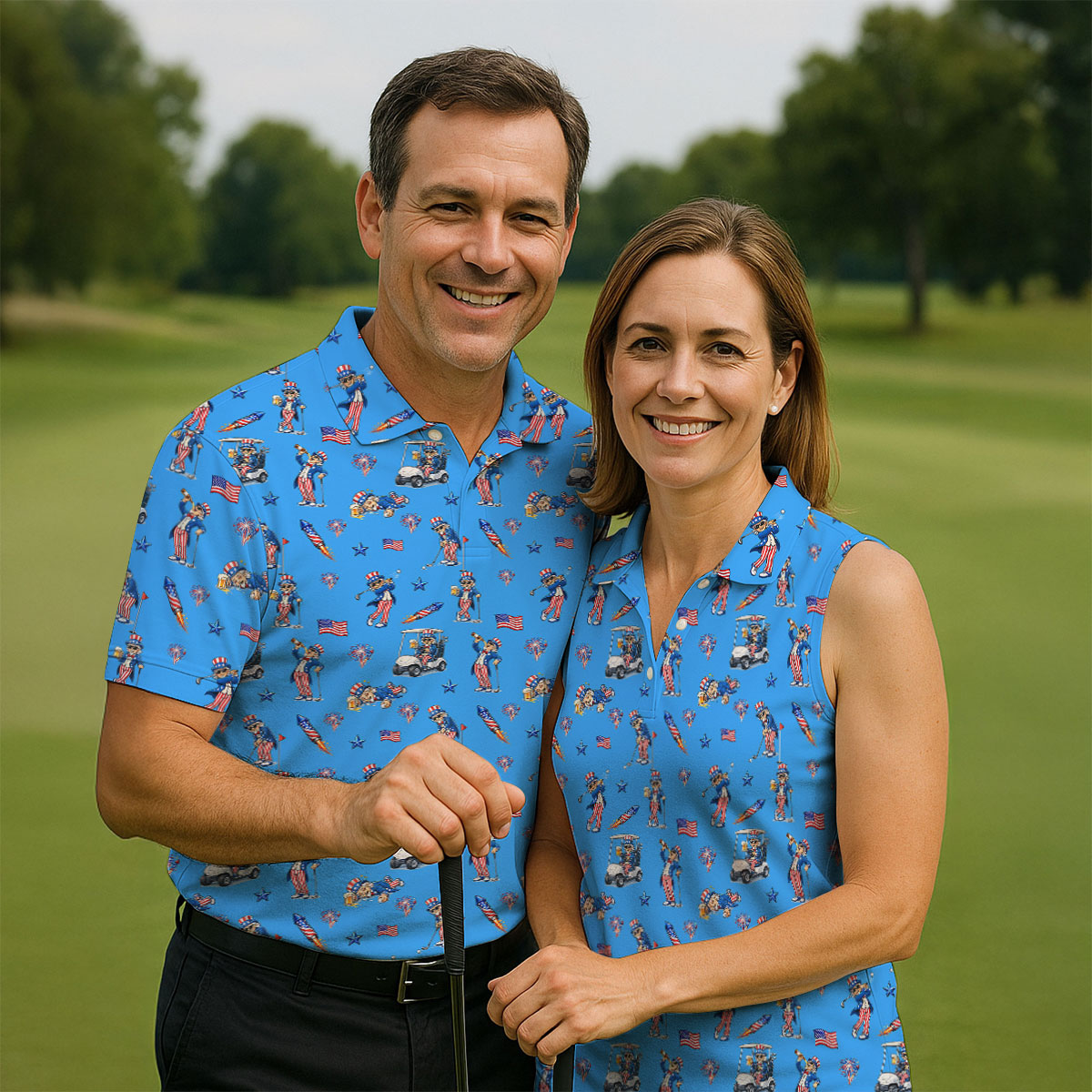 Patriotic Man Golf And Beer Funny 4th Of July Blue Golf Shirt, 250 Years Seamless Pattern Golf Shirts For Men