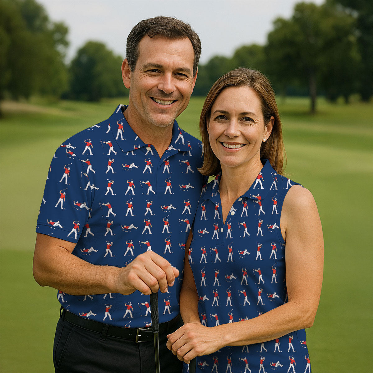 Cartoon Figures Golf Pose Navy Golf Shirt, Golf Tops For Men, Polo ShirtFor Men, Golf Shirts For Men