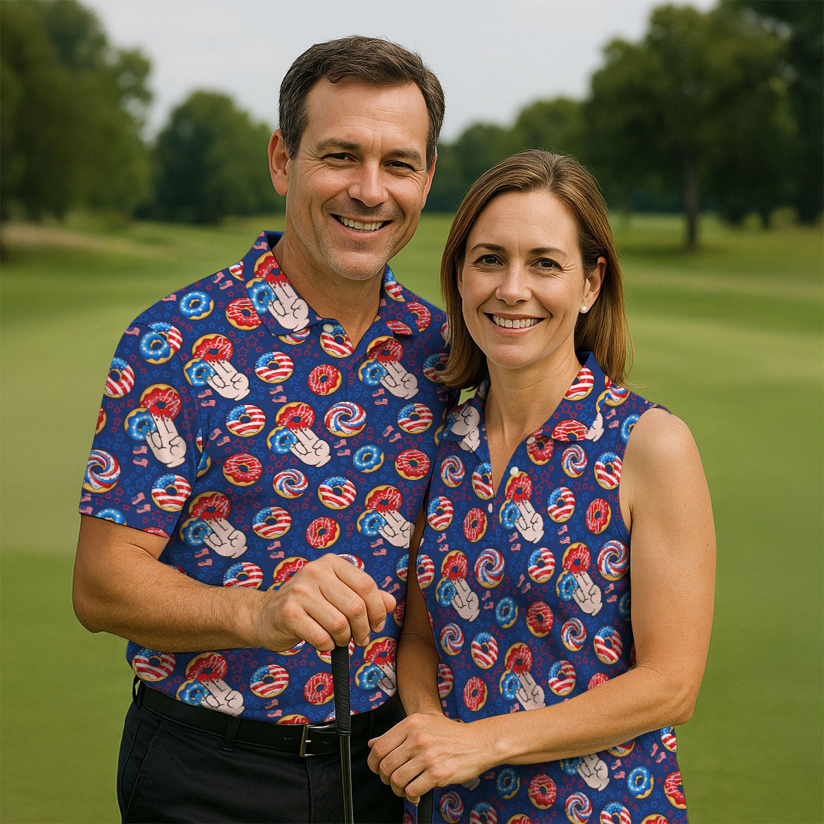 Donut Finger Funny Dirty American Flag Pattern Blue Women Golf Top, 250th Anniversary Patriotic Golf Shirt