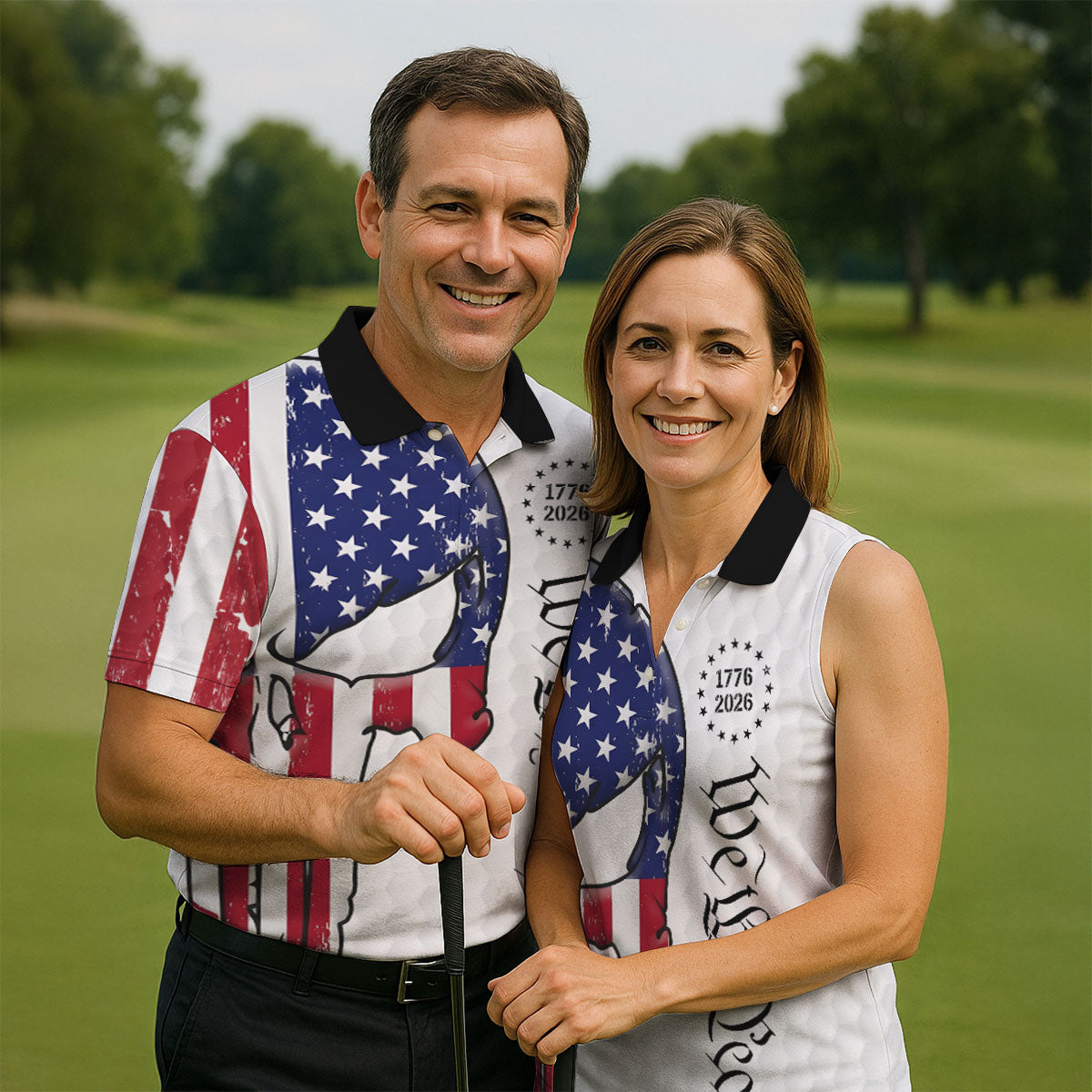 We The People 250 Celebration US Flag Pattern Skull Golf Shirt, Patriotic 4th Of July Golf Shirts For Men