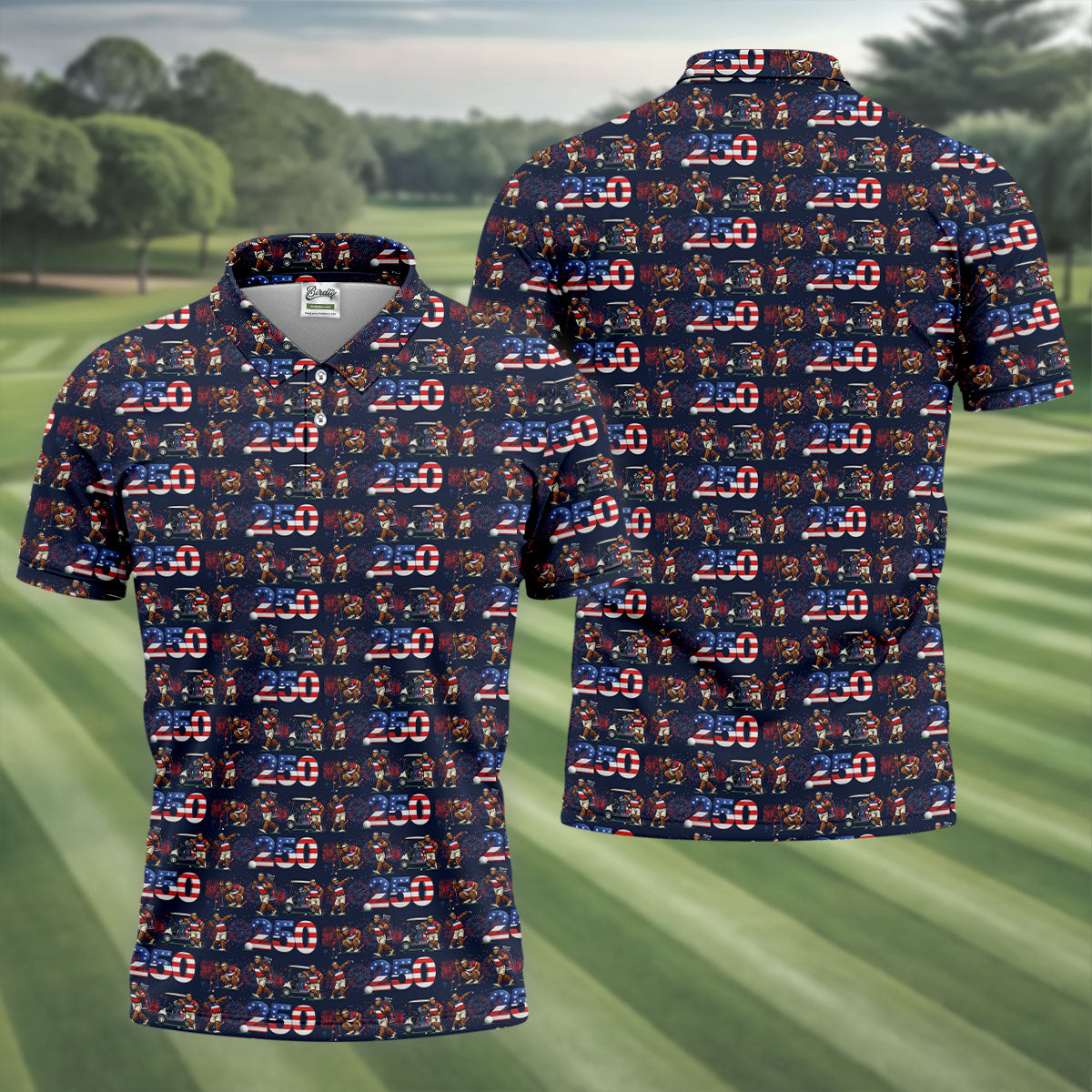 Funny Bigfoot Golf Pose Patriotic 4th Of July Black Golf Shirt, 250 Years Golf Shirts For Men