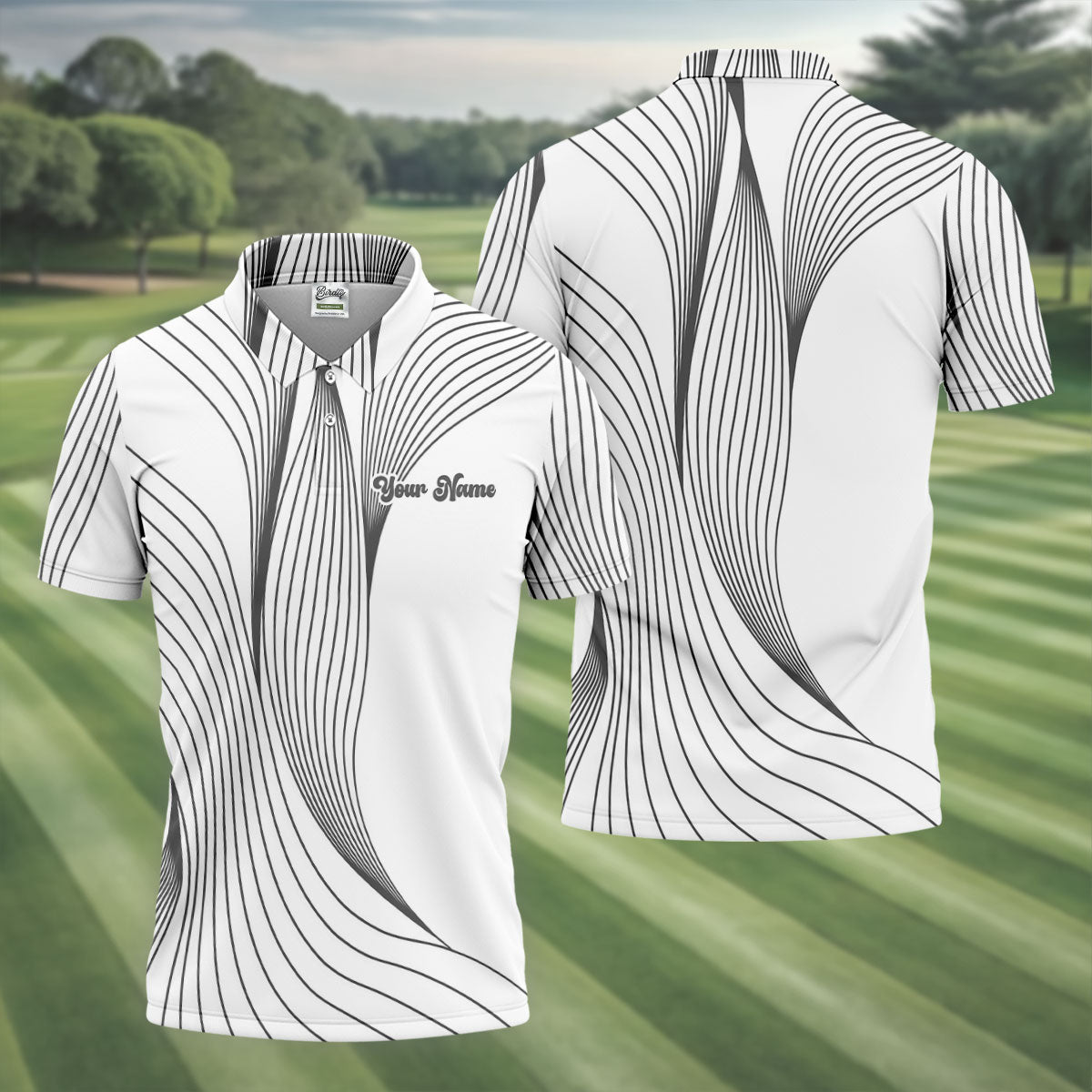 Geometric Line Wavy Line Black And White Custom Name Golf Shirts For Men, Men's Golf Shirt, Polo ShirtFor Men