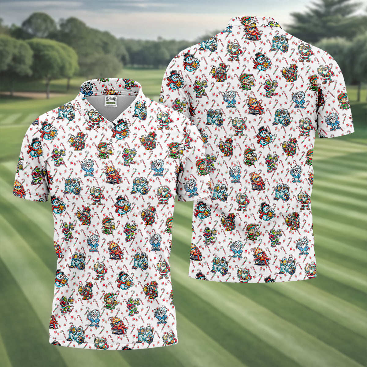 Christmas Character Beer Candy Cane Pattern Golf Tops For Men, Christmas Golf Shirt, Polo ShirtFor Men