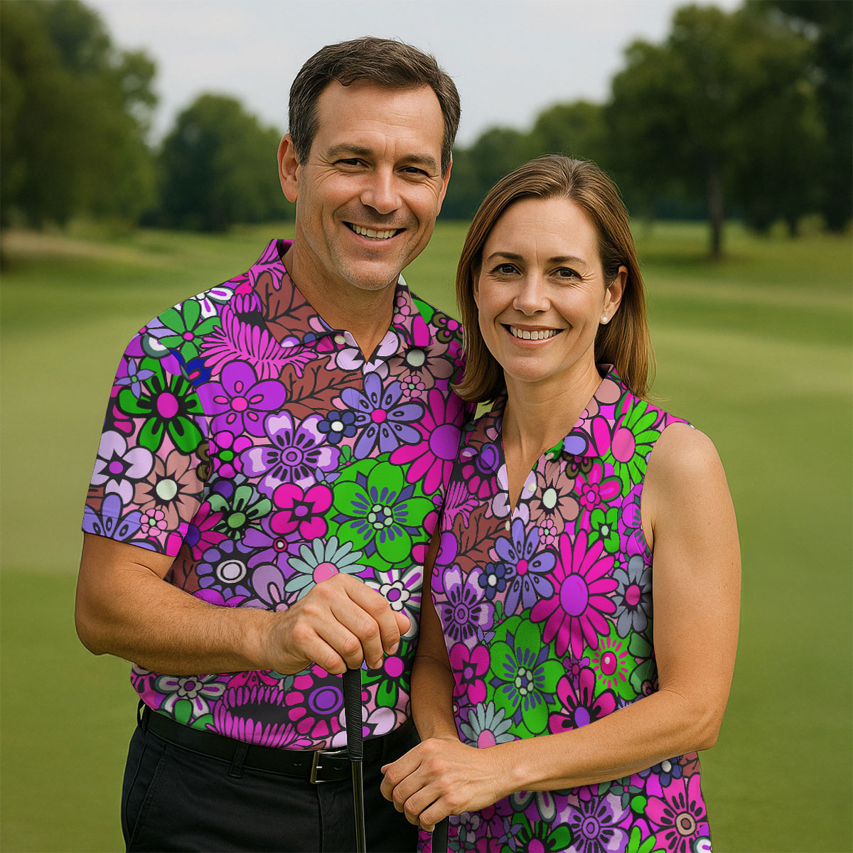 Pink Purple Retro Flower Power Golf Shirt, Mens Polo Shirts, Hawaiian Golf Shirt, Printed Golf Shirts