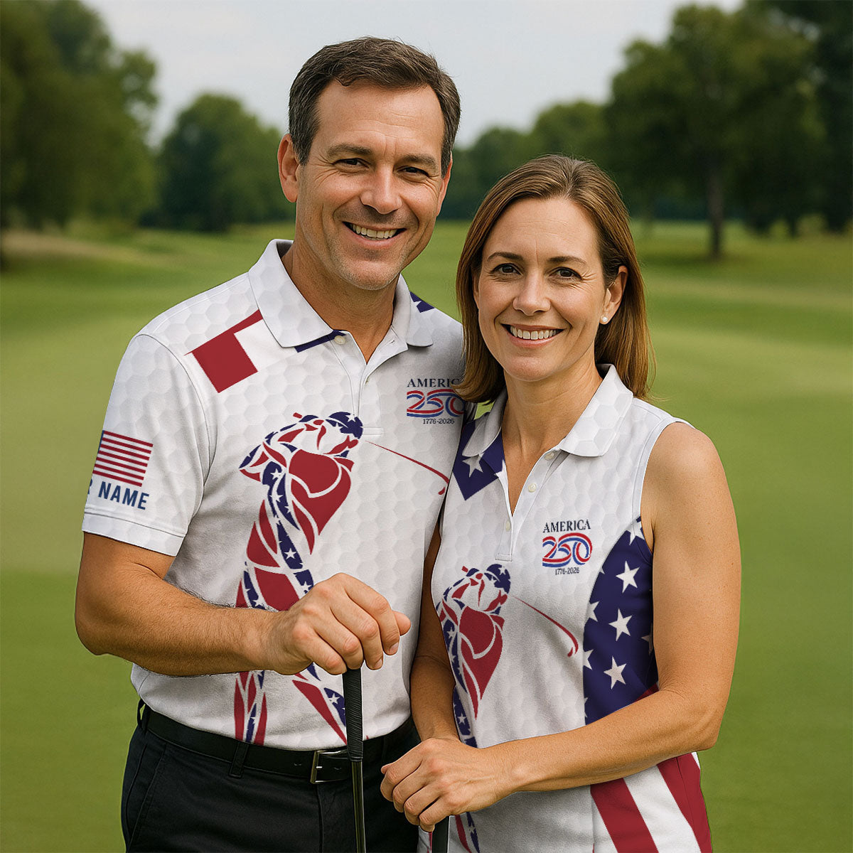 America 250 Golfer Pose Golf Ball Pattern 4th Of July Golf Shirt, Patriotic Golf Shirt, Golf Shirts For Men