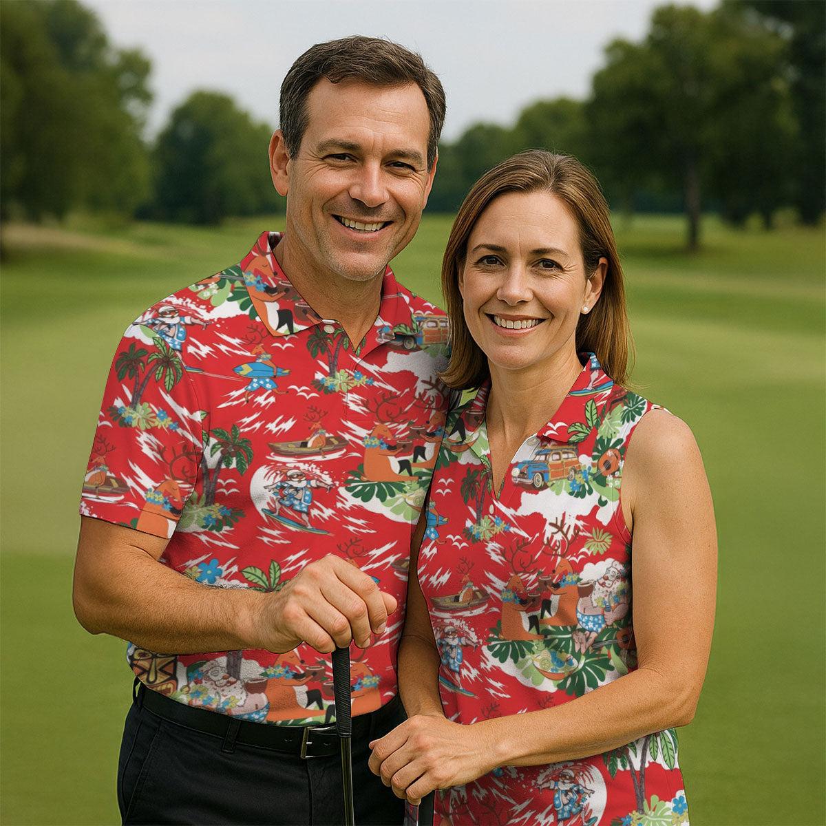 Men's Funny Tropical Santa Surfing Golf Shirt, Christmas Golf Shirt, Printed Golf Shirts