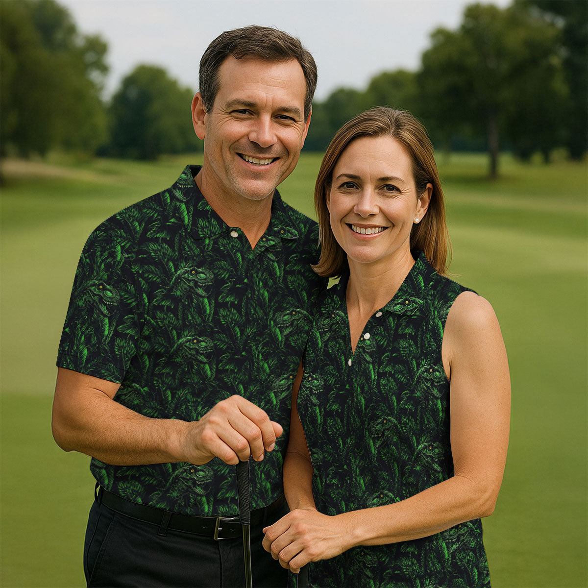 Dinosaurs In The Forest Deep Forest Green Hawaiian Golf Shirt, Polo Shirtor Men