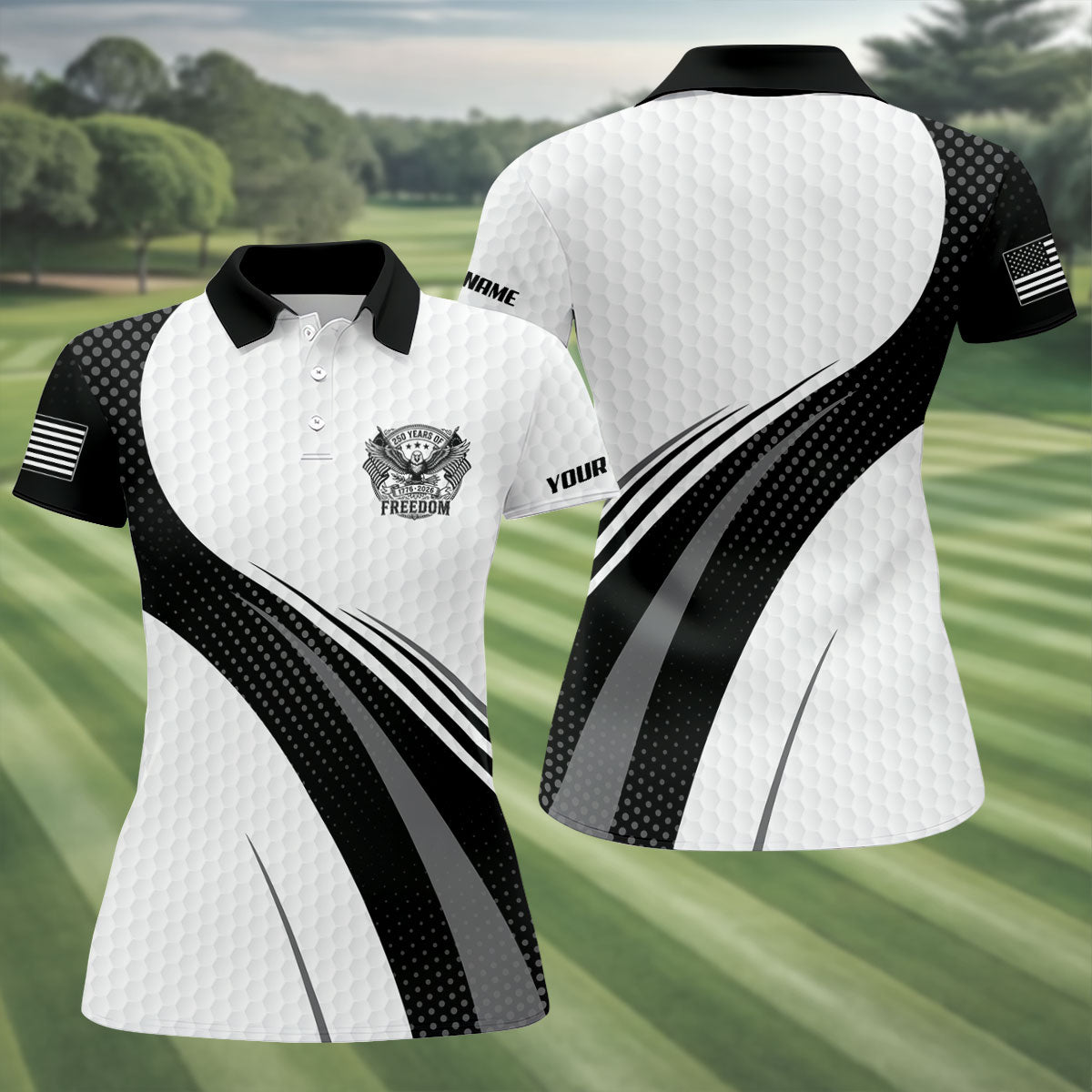 250 Years Of Freedom Black And White Patriotic Golf Shirt, 4th Of July Golf Shirt For Women
