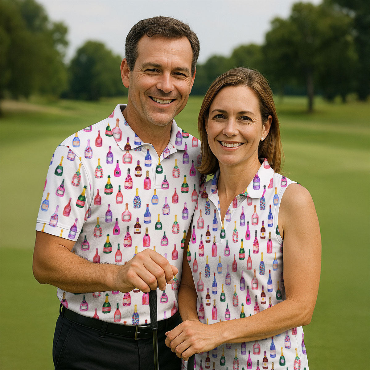 Champagne Bottles Seamless Pattern Watercolor Style Retro Golf Shirt, Ladies Golf Polos, Golf Shirt For Women